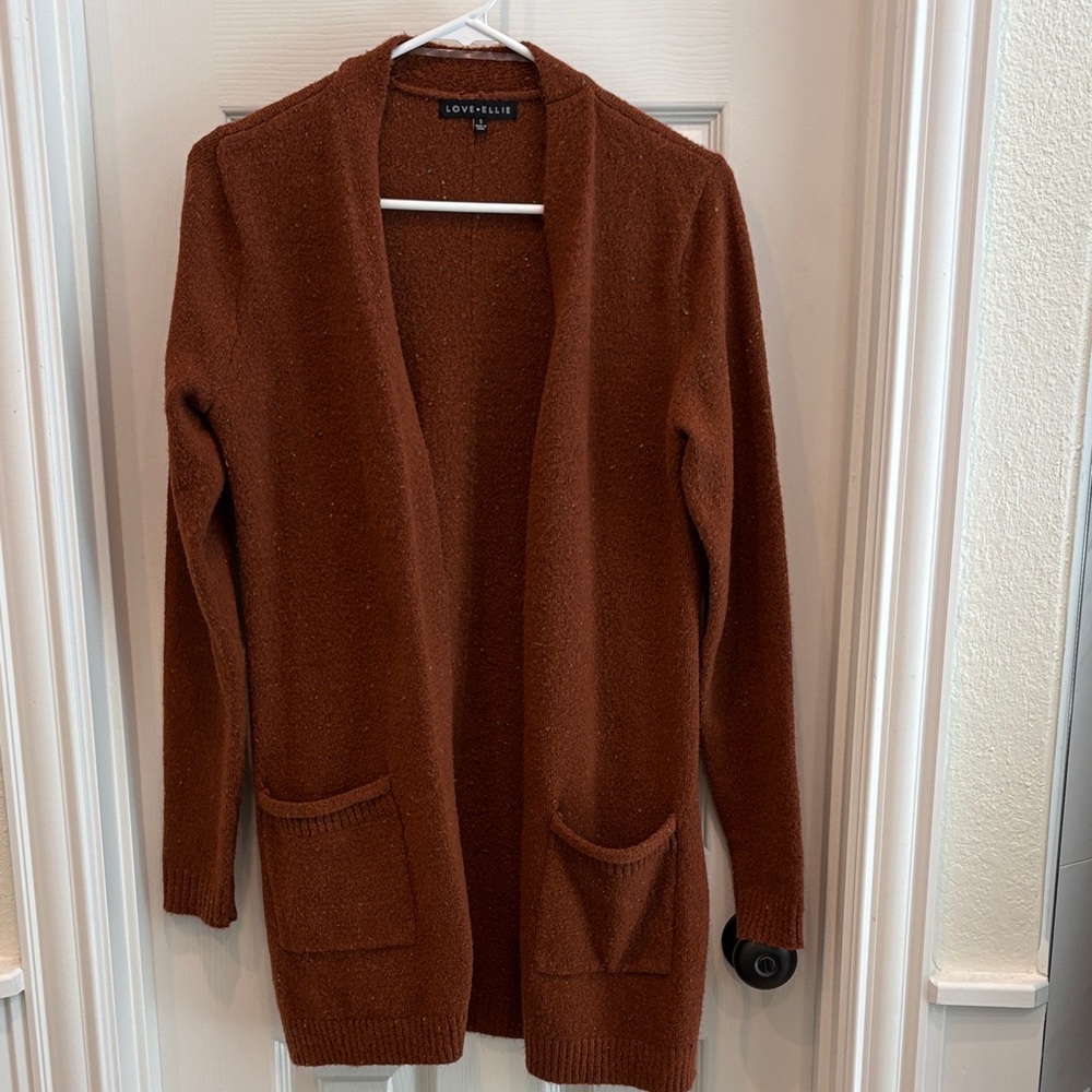 Love + Elle Chestnut and Confetti Open-Front Longline Cardigan